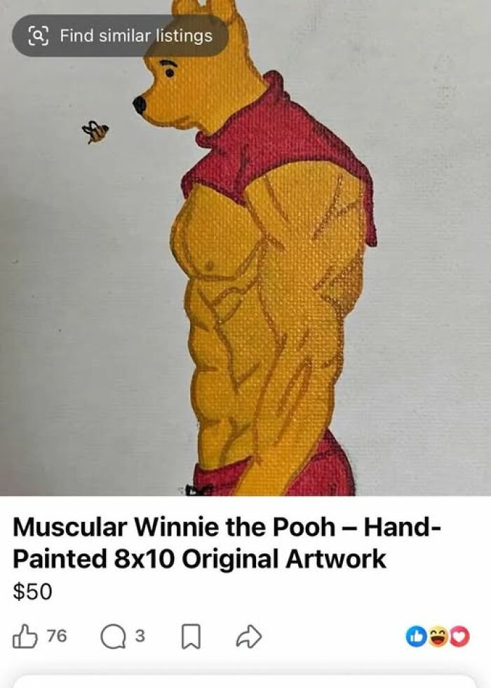 An unusual and funny art project showing a muscular hand-painted Winnie the Pooh staring at a bee.