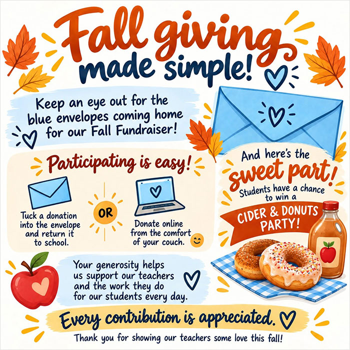 Autumn themed flyer for a middle school honest fundraiser with options to donate online or by mail.