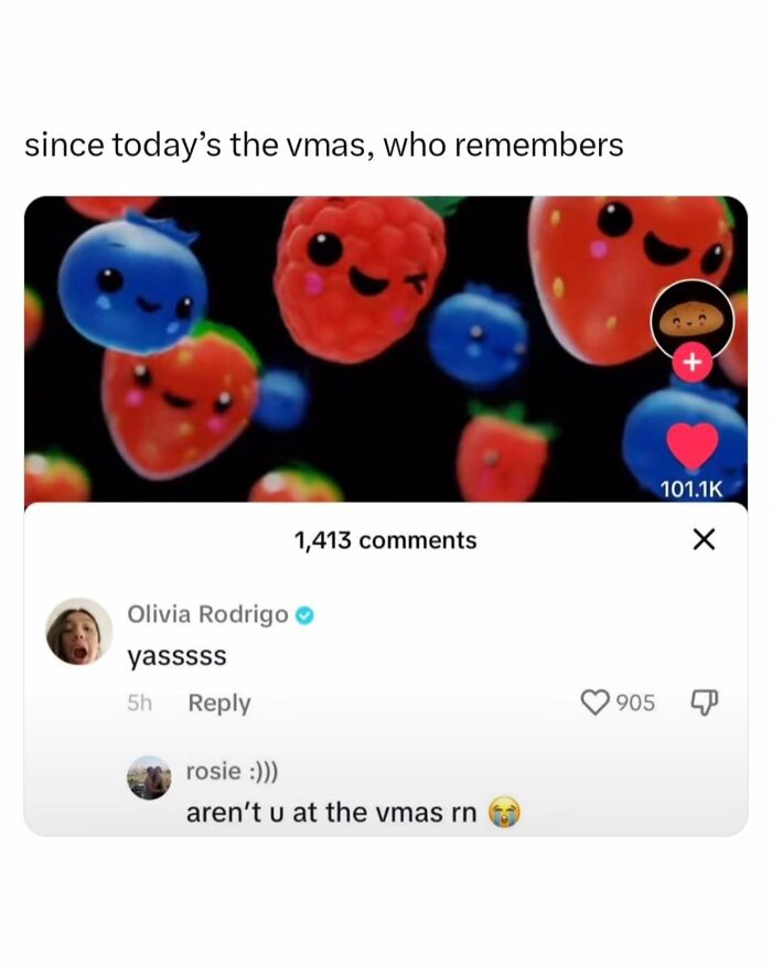 Meme about Olivia Rodrigo commenting on a video during VMAs.