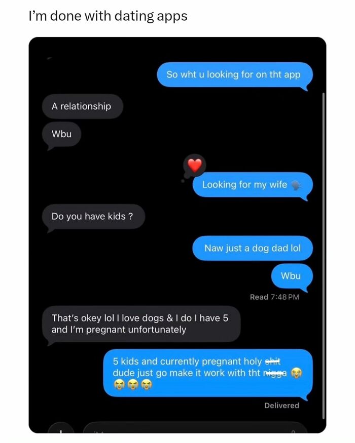 Funny memes showcasing a chaotic online dating app conversation.