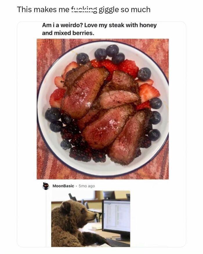 An interesting post featuring a bear looking at a steak and berry bowl