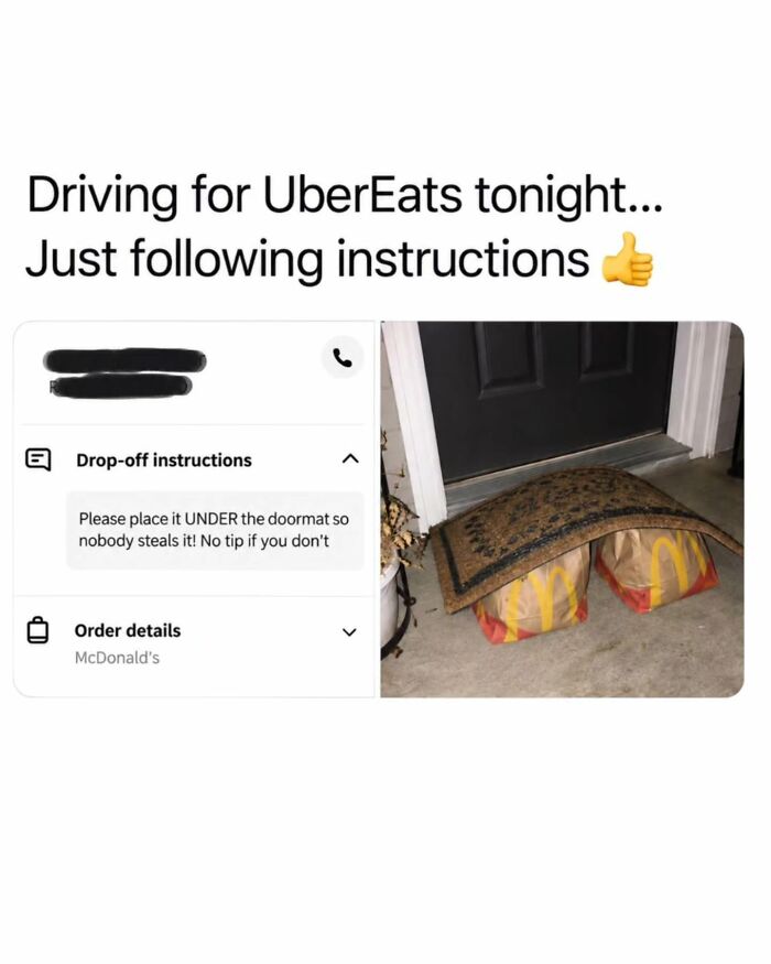 A meme showing McDonald bags placed under a doormat as delivery instructions requested