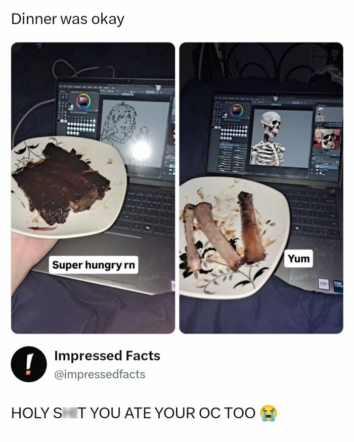 Before and after dinner photos featuring rib bones and skeleton art, good for memes and interesting posts.