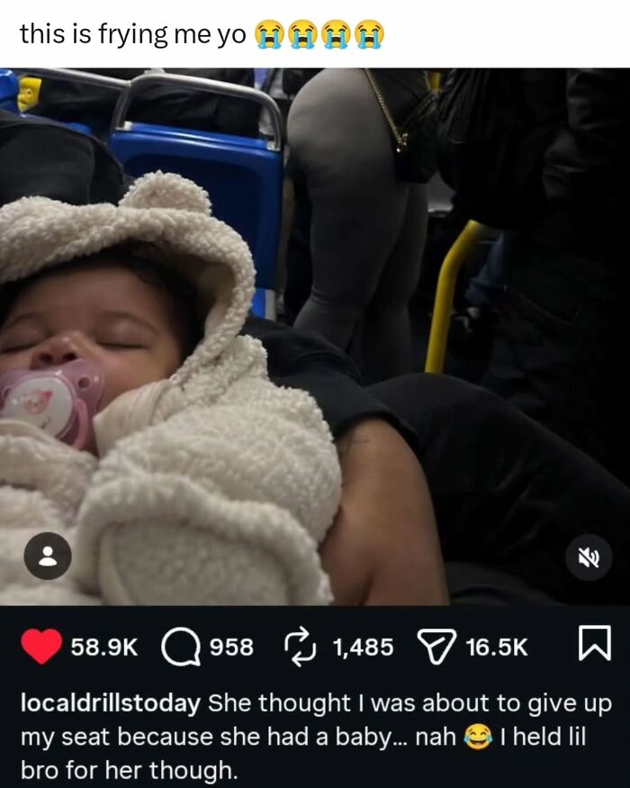 Funny memes about a baby on a bus with a humorous caption.