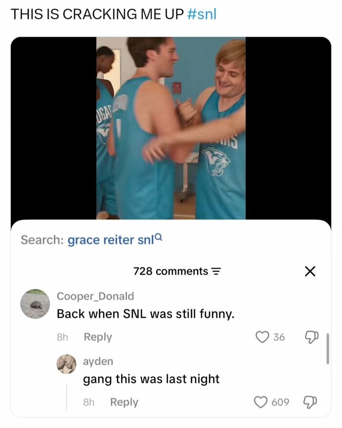 Meme of a commenter saying SNL was better back then about a video from last night.