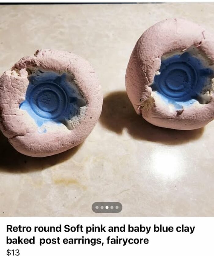 Oddly shaped pink and blue clay earrings are hilarious crafts and art projects gone wrong.