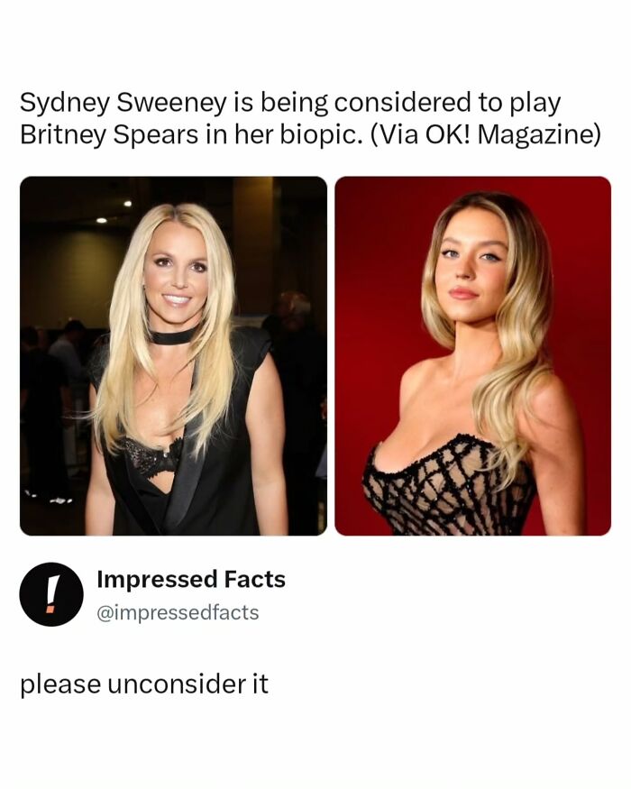 Side by side photos of Sydney Sweeney and Britney Spears, fit for memes and interesting posts.