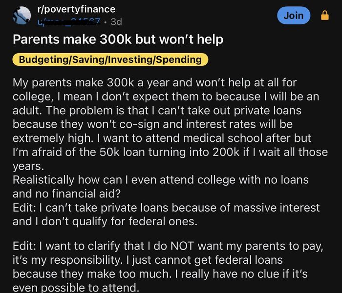 Reddit post about parents making 300k but not helping with college finances