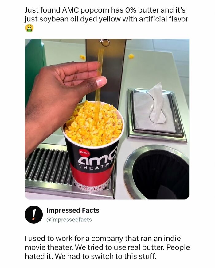 A funny post about movie theater popcorn butter oil substitute