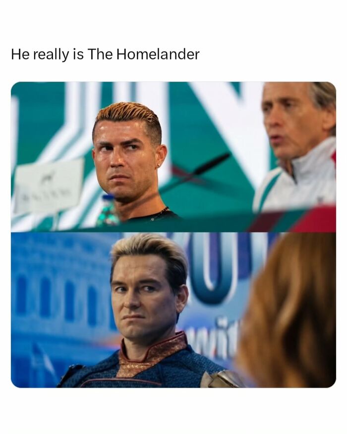 Funny meme comparing Cristiano Ronaldo with Homelander, perfect for interesting posts.