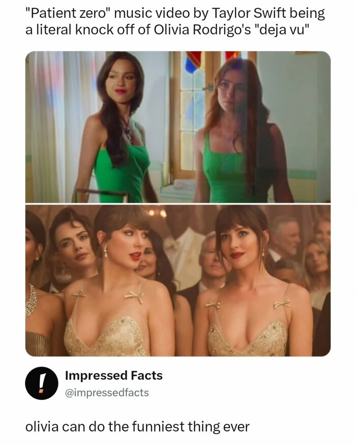 Memes comparing music videos from Taylor Swift and Olivia Rodrigo.