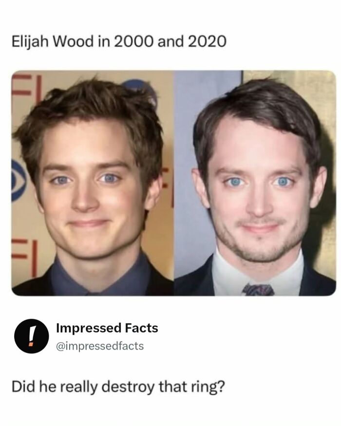 Side-by-side photo comparison of Elijah Wood in 2000 and 2020 as a funny meme about aging.