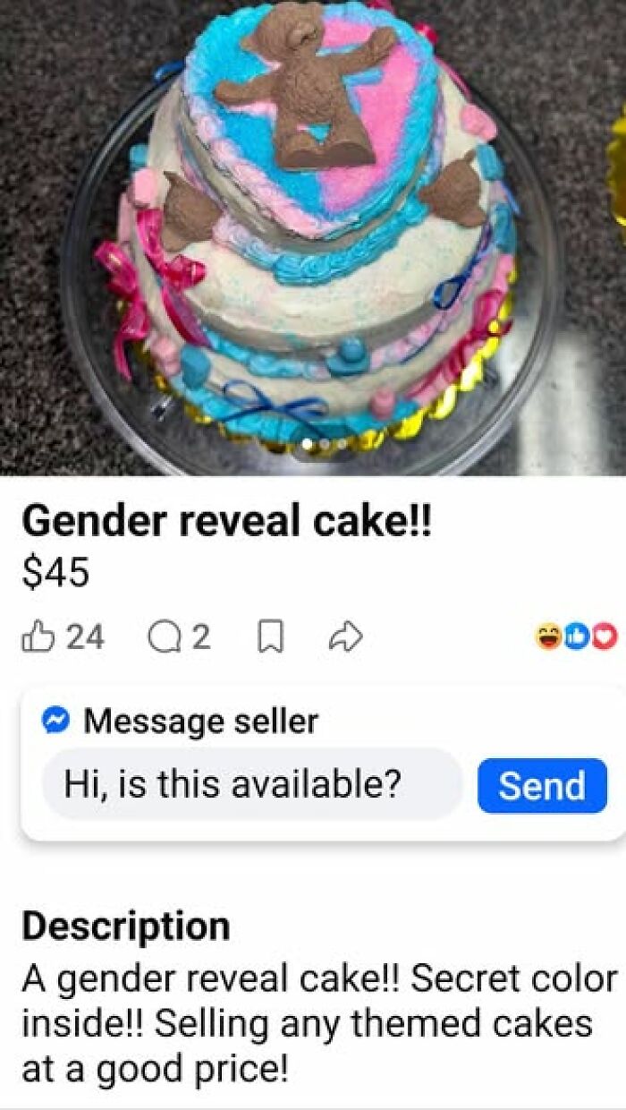 A messy three-tiered gender reveal cake listed on social media, worthy of hilarious crafts shame.
