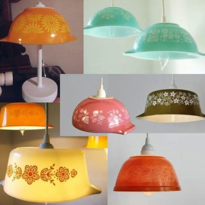 Vintage bowls repurposed into hanging lamps are hilarious crafts and art projects.
