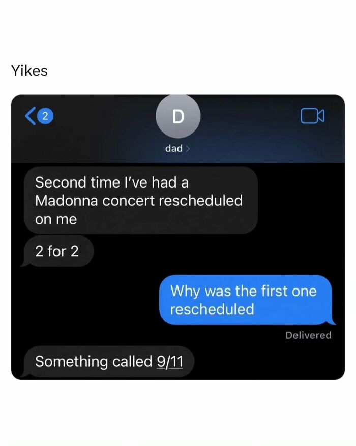 A screenshot of a funny text conversation about a rescheduled concert, a great example of interesting posts.