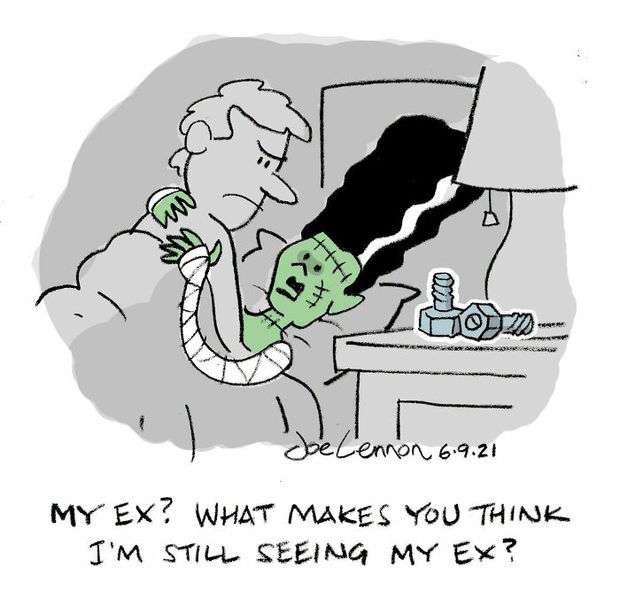Funny Halloween comic with Frankenstein and partner joking about seeing an ex