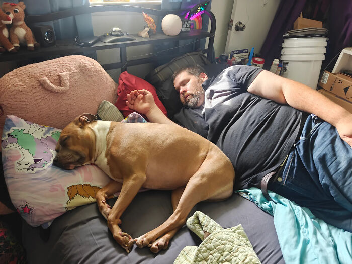 A man and his brown dog sleeping in the same pose, demonstrating how pets looked like their owners
