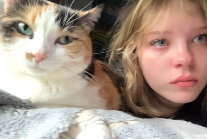 A teenage girl with light eyes and a calico cat, showing how much pets looked like their owners