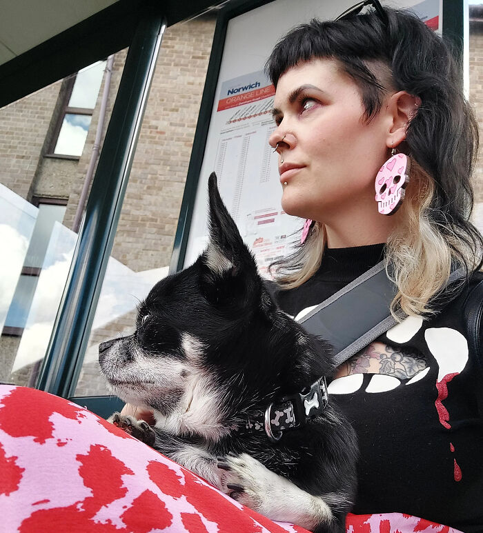 A woman with a dark mullet and her matching pet dog looking in the same direction