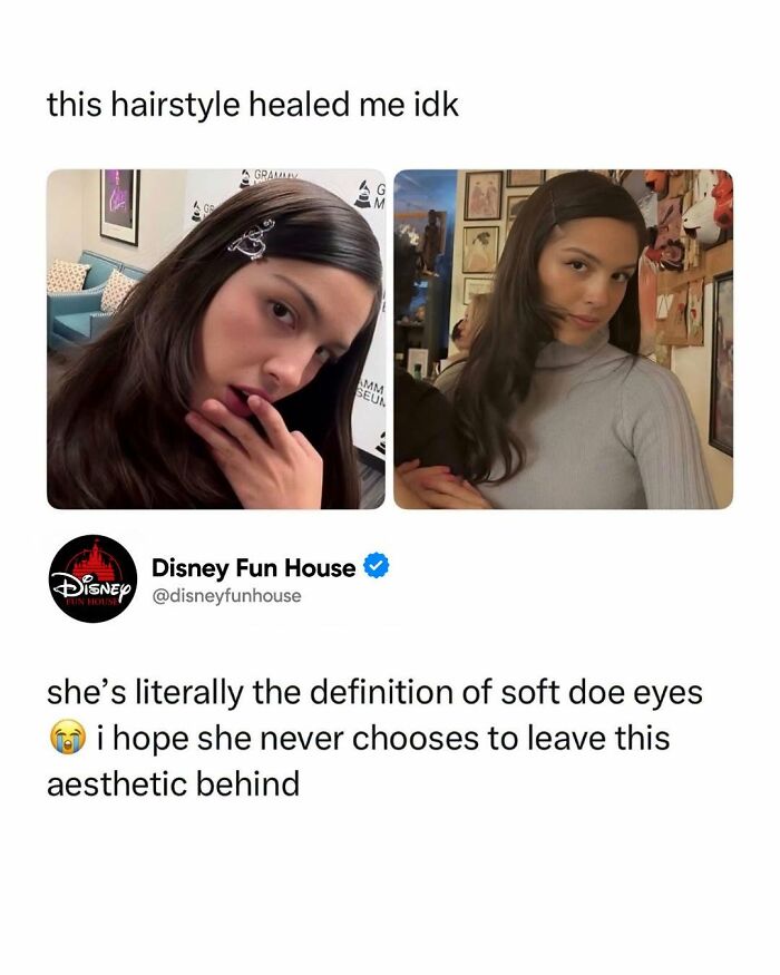 Young woman with soft doe eyes hairstyle posing in two different scenes