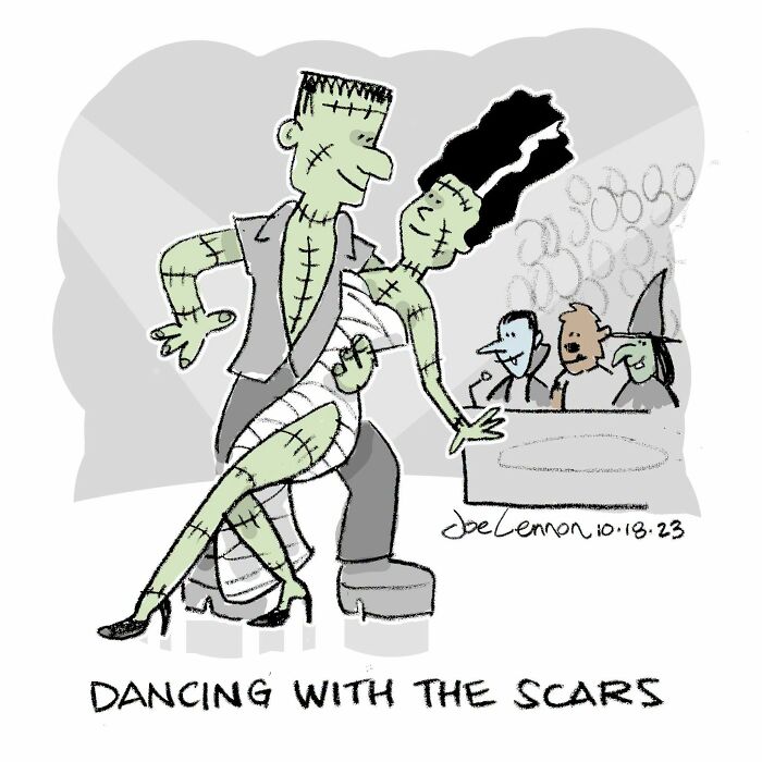 Frankenstein and bride dancing humorously in Halloween comics by Joe Lennon