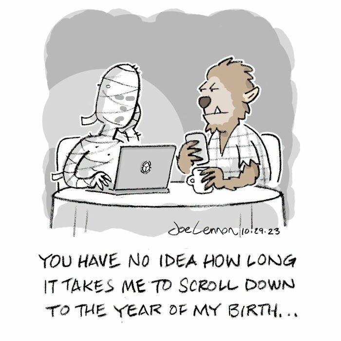 Halloween comic shows a mummy and werewolf joking about scrolling to birth year on a laptop