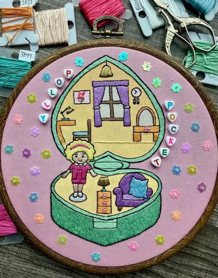A beautiful handmade Polly Pocket embroidery hoop, showcasing successful art projects.