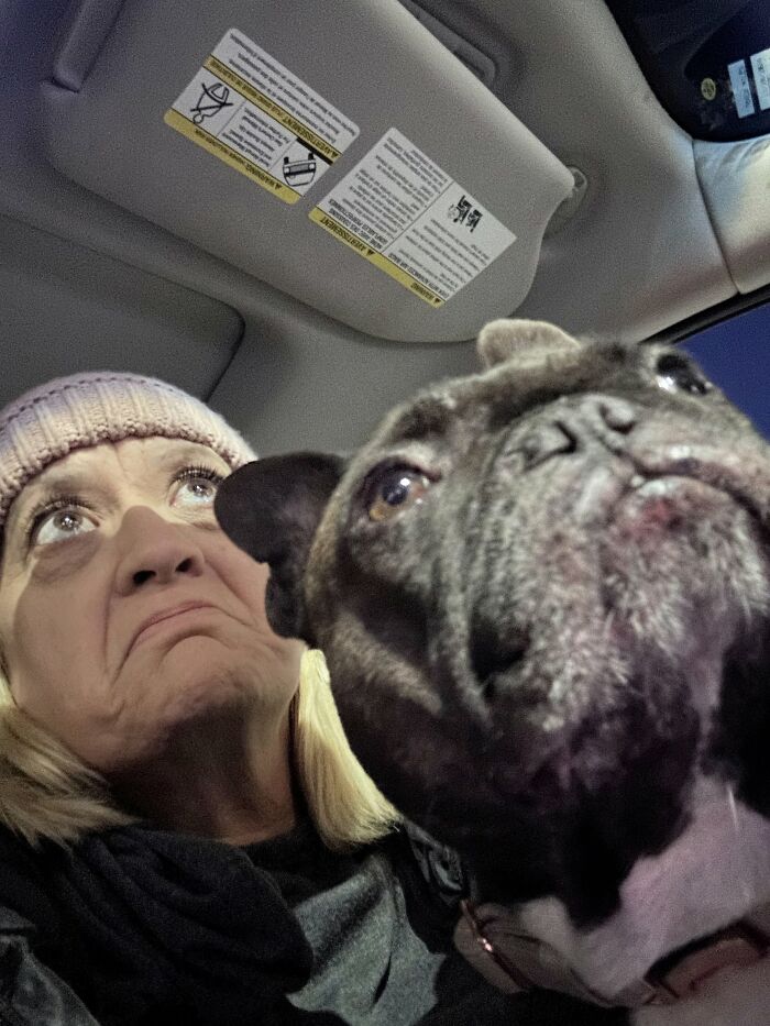 A woman and her dark French bulldog making the same funny face, showcasing pets that look like their owners