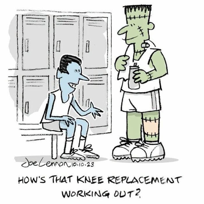 Halloween comic of Frankenstein and vampire discussing knee replacement