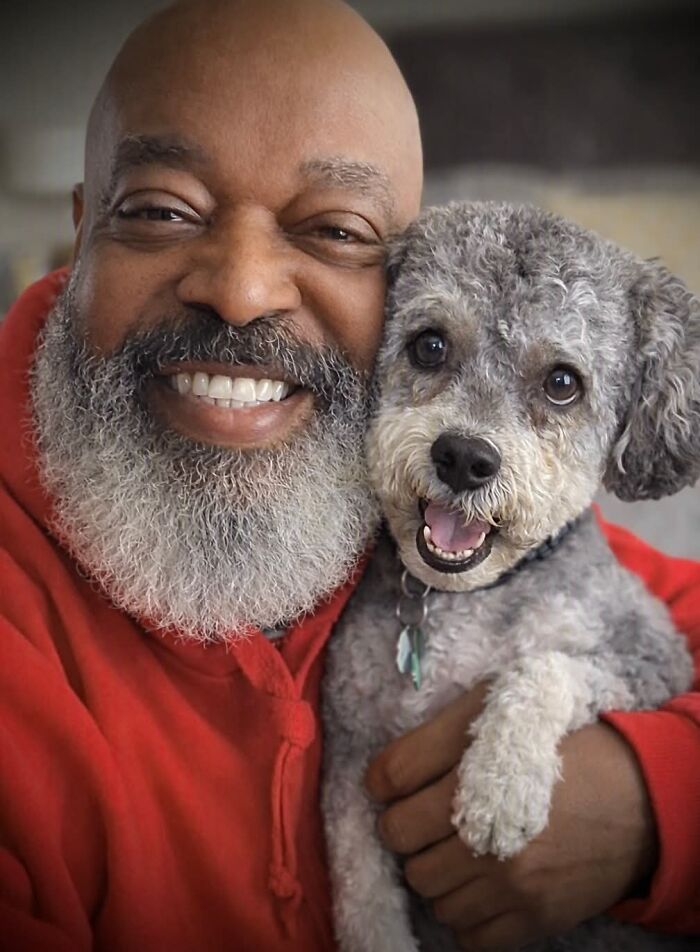 A happy bald man with a grey beard holding his grey poodle dog that looks like its owner