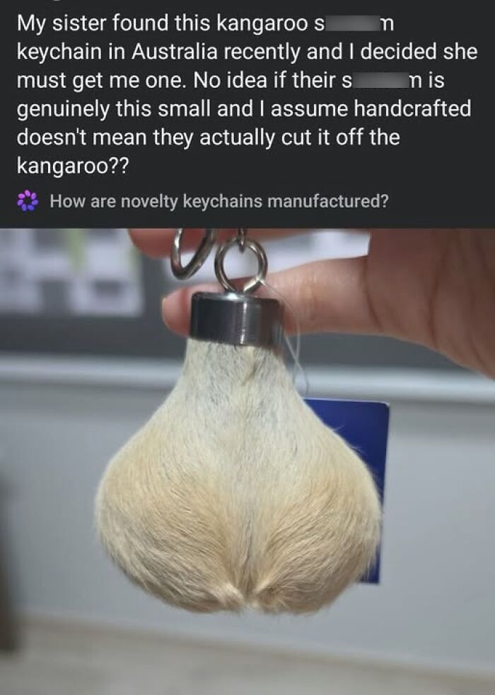 A novelty kangaroo s*****m keychain from Australia, one of those hilarious crafts that spark questions.