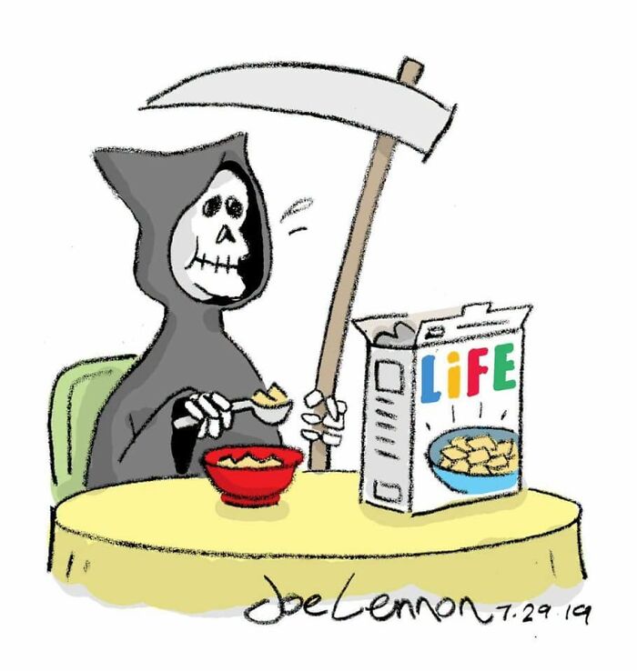 Halloween comic of Grim Reaper eating cereal from Life box