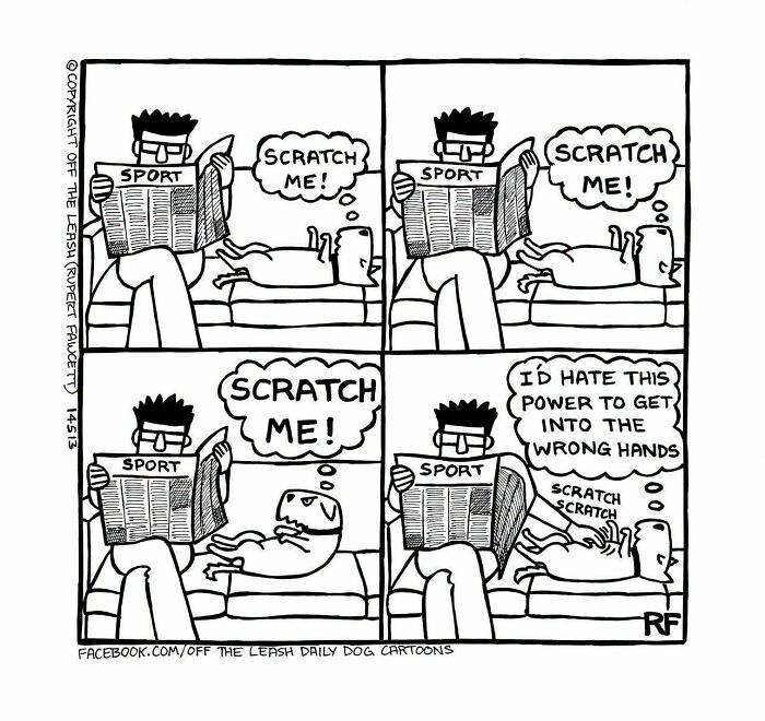 Off the Leash dog cartoons illustrating a pet controlling its owner for belly scratches.