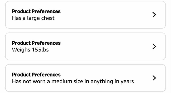 Amazon shopper product preferences large chest and weight details