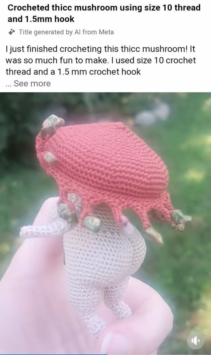A small crocheted mushroom with legs and a b**t, a hilariously strange craft project.