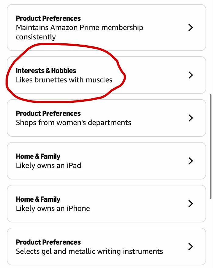 Amazon shopper preferences and interests likes brunettes with muscles