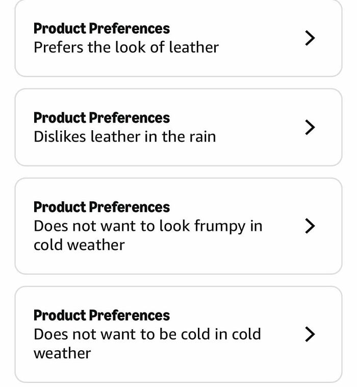 Amazon shopper product preferences prefer leather but dislike leather in rain