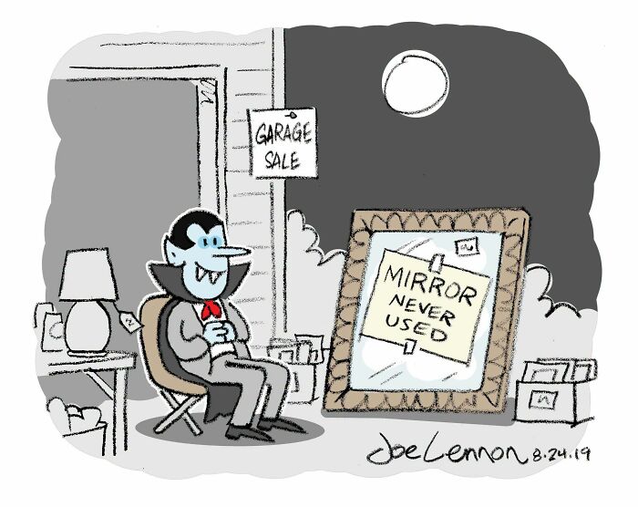 Halloween comic of vampire selling never used mirror at garage sale