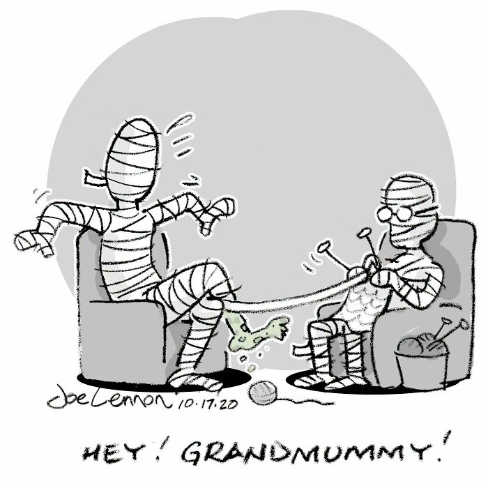 Halloween comic of mummy knitting while another mummy reacts