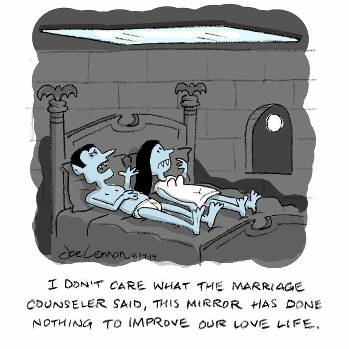 Halloween comic of vampires in bed complaining mirror did not improve their love life