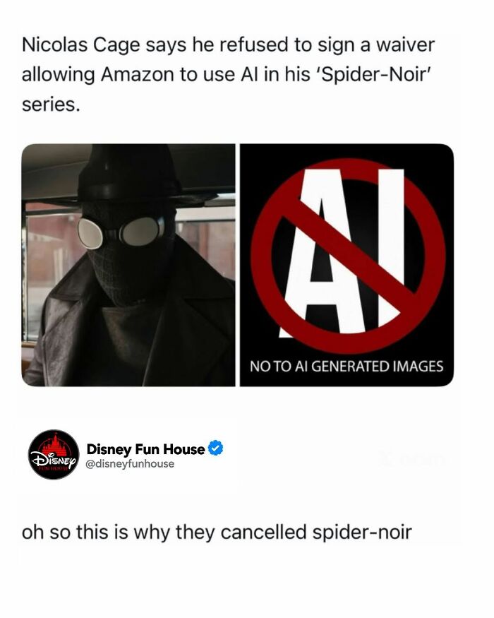Nicolas Cage refuses AI waiver for Spider-Noir series with no AI generated images sign