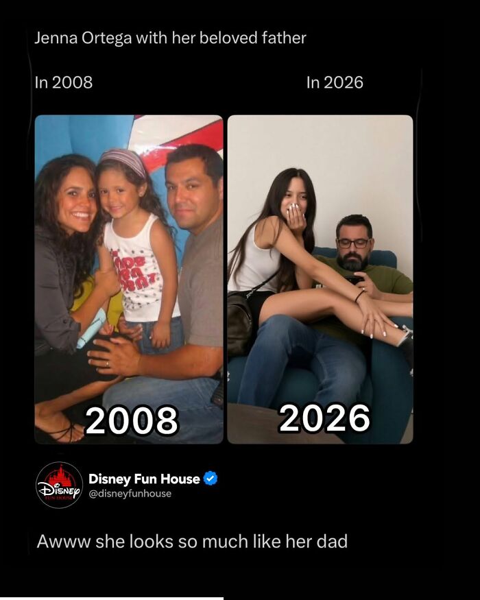 Jenna Ortega and her father pictured in 2008 and 2026 with family resemblance