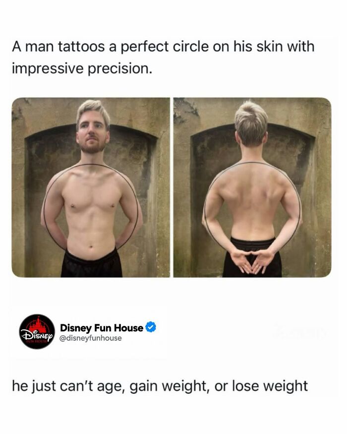 Man with perfect circle tattoo on skin shown from front and back with precision
