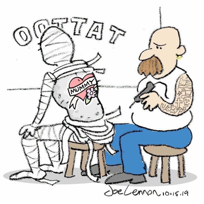 Halloween comic of tattooed man giving a mummy tattoo on wrapped figure