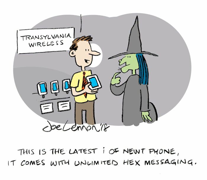 Halloween comic showing witch buying a new phone with unlimited hex messaging