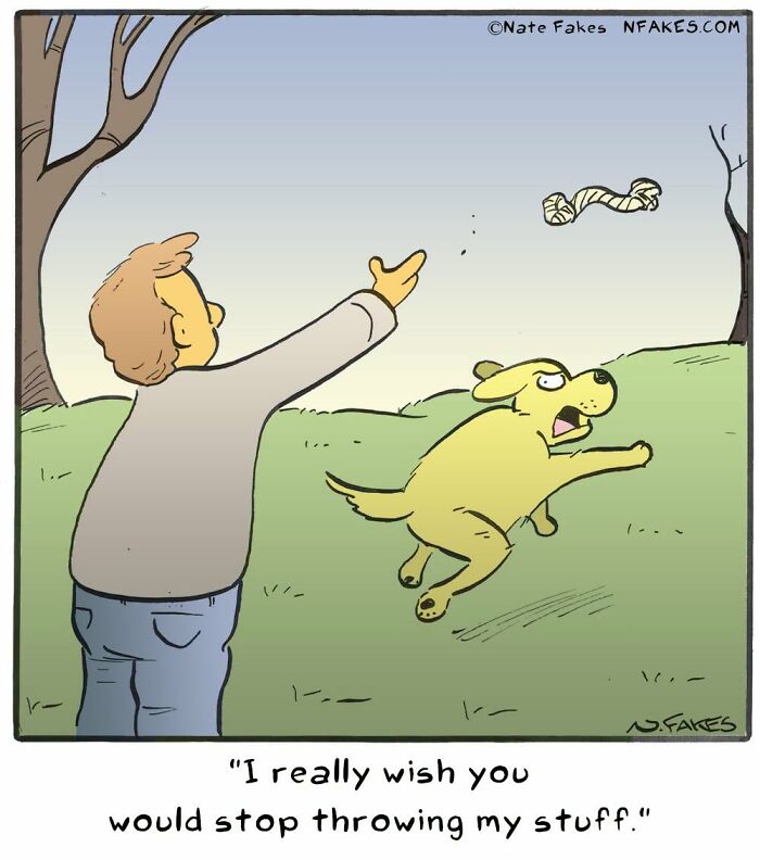 Cartoon of a man throwing a dog toy with caption about dogs talking