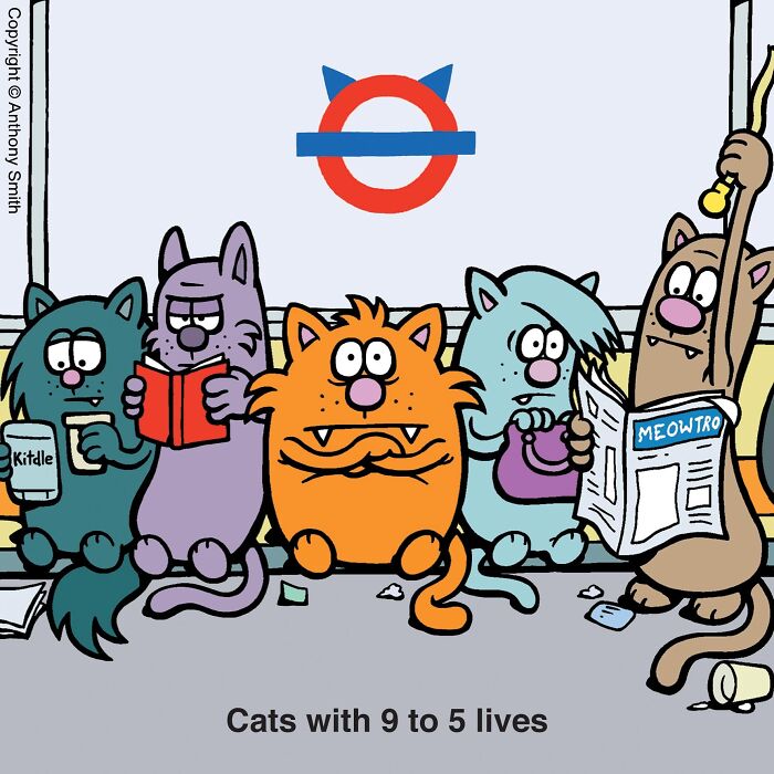 Funny cat comics illustration of cartoon cats commuting on a subway train.