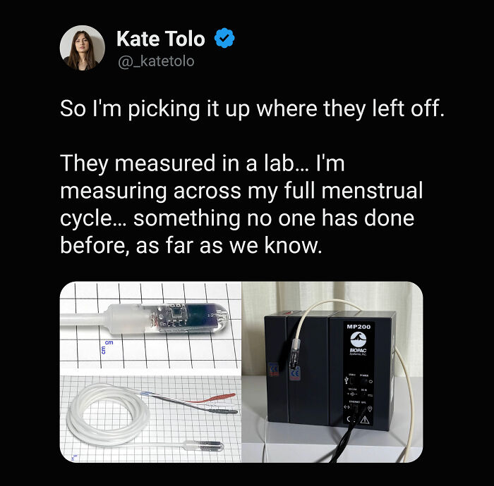 Tweet by Kate Tolo explaining her research on menstrual cycles to address a overlooked female health issue. Tweet by Kate Tolo explaining her research on menstrual cycles to address a overlooked female health issue.