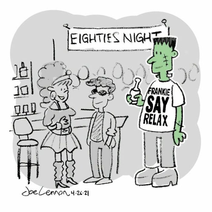 Halloween comics cartoon featuring a Frankenstein character at an eighties night party