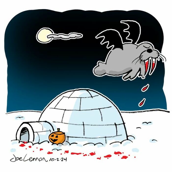 Halloween comic of a vampire walrus flying over snowy igloo with blood trail and pumpkin